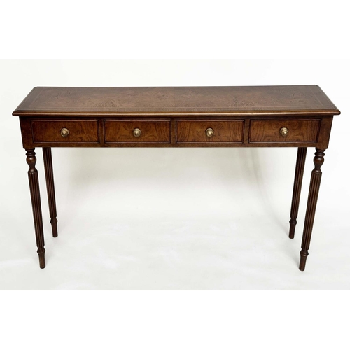 108 - HALL TABLE, George III design burr walnut and crossbanded with four frieze drawers and reeded turned... 