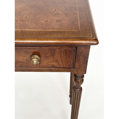 108 - HALL TABLE, George III design burr walnut and crossbanded with four frieze drawers and reeded turned... 