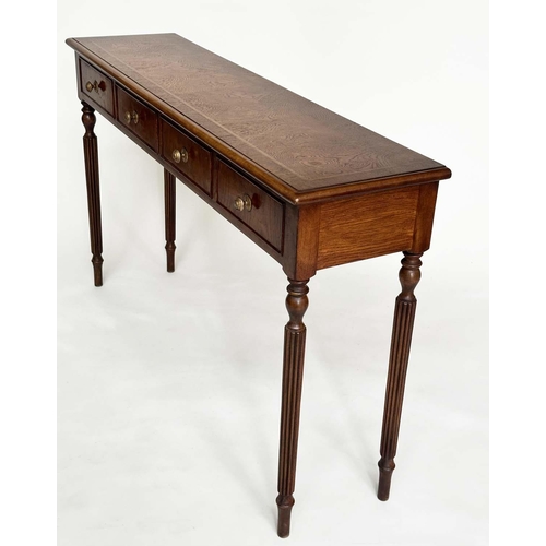 108 - HALL TABLE, George III design burr walnut and crossbanded with four frieze drawers and reeded turned... 