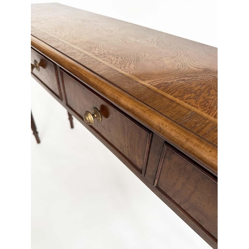 108 - HALL TABLE, George III design burr walnut and crossbanded with four frieze drawers and reeded turned... 