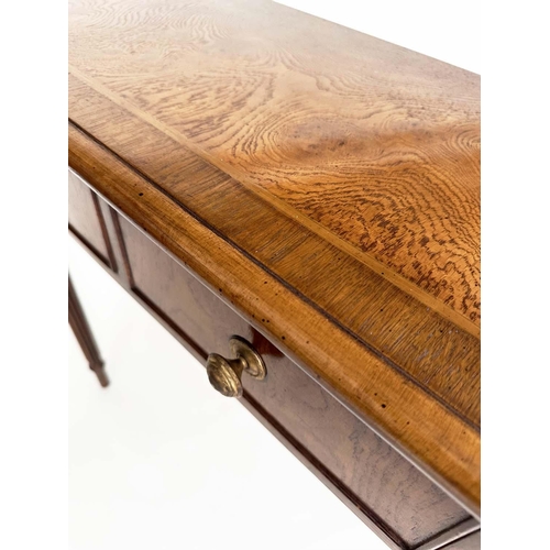 108 - HALL TABLE, George III design burr walnut and crossbanded with four frieze drawers and reeded turned... 