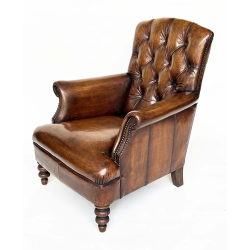 119 - LIBRARY ARMCHAIR, Club style antiqued soft tan brown leather with buttoned back and turned supports,... 