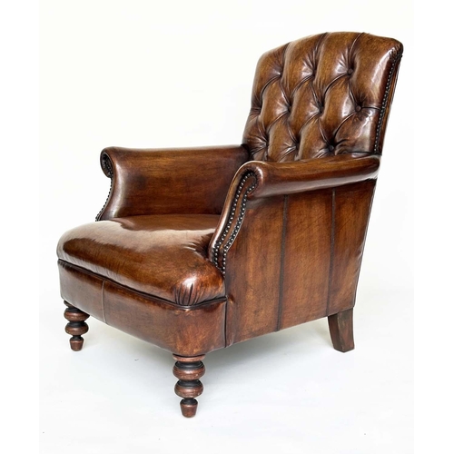 119 - LIBRARY ARMCHAIR, Club style antiqued soft tan brown leather with buttoned back and turned supports,... 