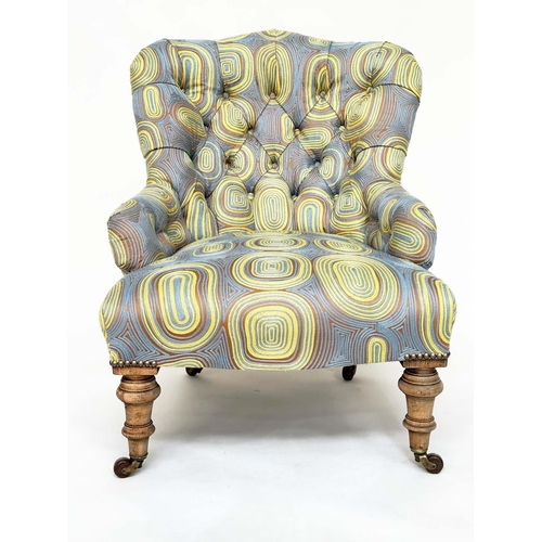 122 - SLIPPER ARMCHAIR, 19th century mahogany with recent crewel-work style 60s design upholstery and tape... 