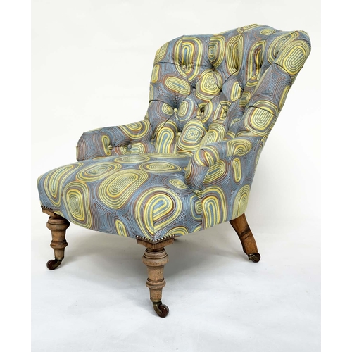 122 - SLIPPER ARMCHAIR, 19th century mahogany with recent crewel-work style 60s design upholstery and tape... 