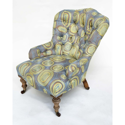 122 - SLIPPER ARMCHAIR, 19th century mahogany with recent crewel-work style 60s design upholstery and tape... 