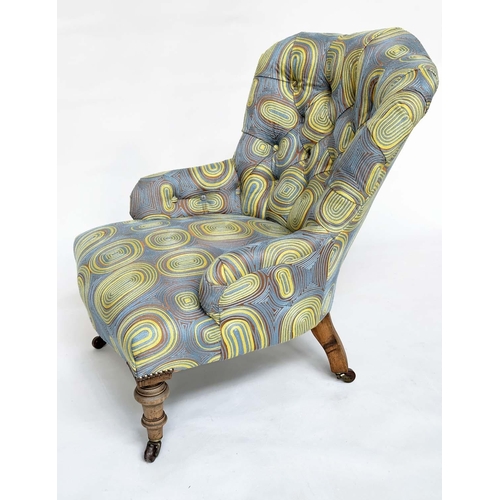 122 - SLIPPER ARMCHAIR, 19th century mahogany with recent crewel-work style 60s design upholstery and tape... 