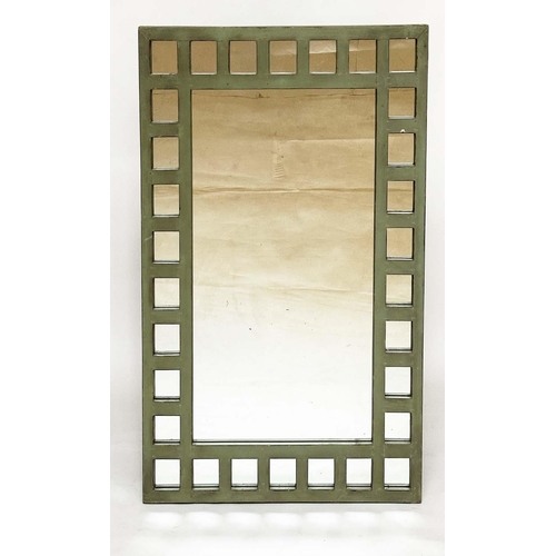 123 - WALL MIRROR, Art Deco green framed with marginal plates, 107cm H x 76cm W.