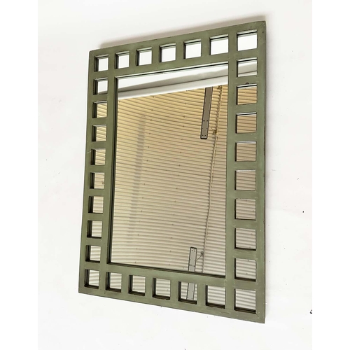 123 - WALL MIRROR, Art Deco green framed with marginal plates, 107cm H x 76cm W.