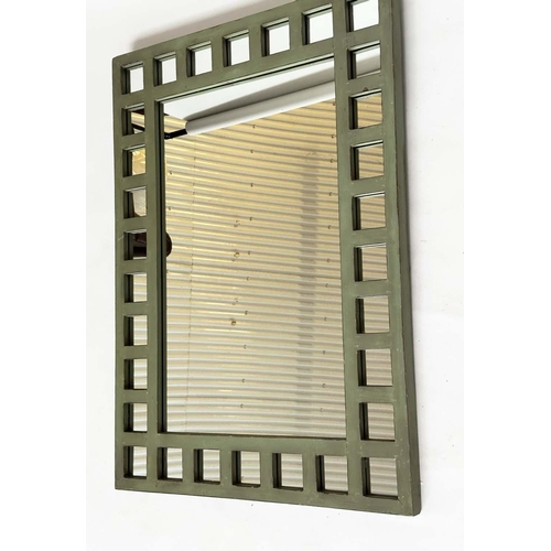 123 - WALL MIRROR, Art Deco green framed with marginal plates, 107cm H x 76cm W.