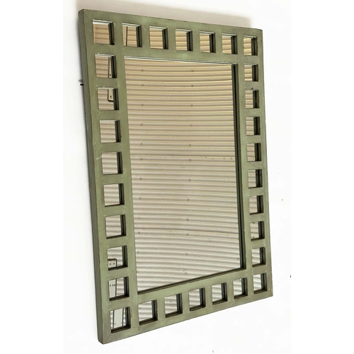 123 - WALL MIRROR, Art Deco green framed with marginal plates, 107cm H x 76cm W.