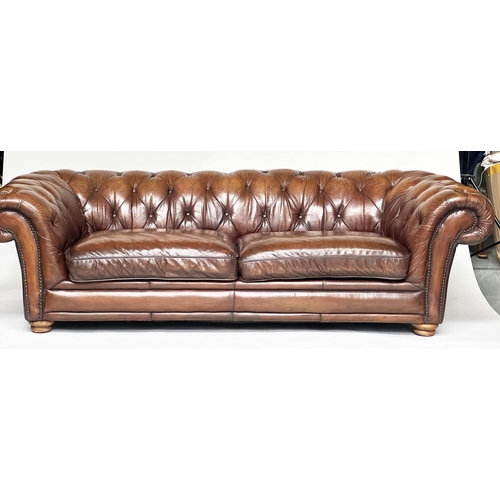 127 - CHESTERFIELD SOFA, Victorian style natural soft antique hand finished tan brown leather with deep bu... 