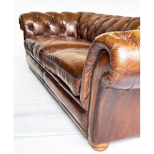 127 - CHESTERFIELD SOFA, Victorian style natural soft antique hand finished tan brown leather with deep bu... 