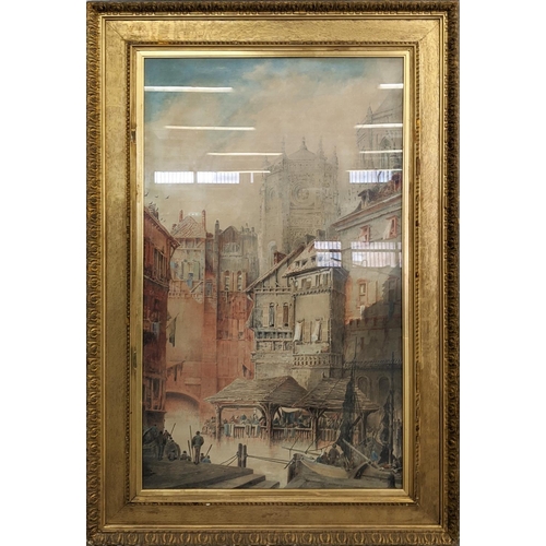 43 - 19TH CENTURY CONTINENTAL SCHOOL, 'Cathedral view', watercolour, 131cm x 76cm, framed.