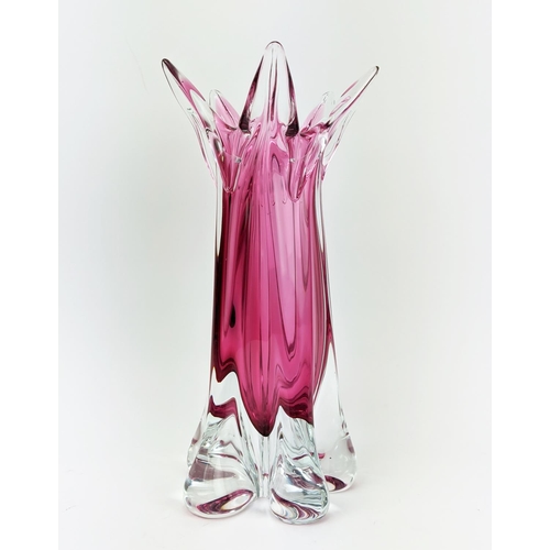 4 - A MURANO STYLE RUBY GLASS VASE, late 20th century, hand blown, with a flared top, lobed body, 30cm h... 