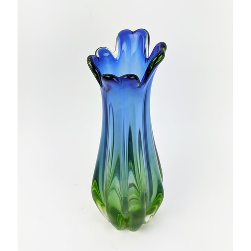 5 - A MURANO GLASS VASE, late 20th century, in blue and green tone, waisted form with a lobed body, 31cm... 