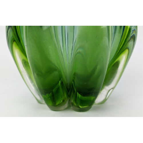 5 - A MURANO GLASS VASE, late 20th century, in blue and green tone, waisted form with a lobed body, 31cm... 