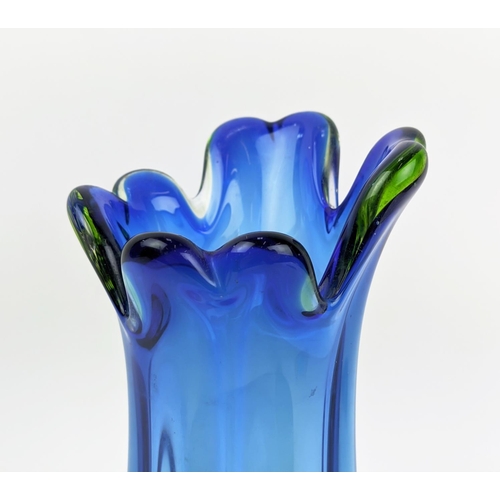 5 - A MURANO GLASS VASE, late 20th century, in blue and green tone, waisted form with a lobed body, 31cm... 