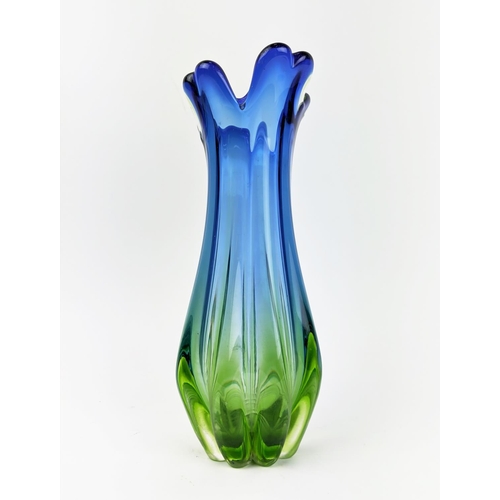 5 - A MURANO GLASS VASE, late 20th century, in blue and green tone, waisted form with a lobed body, 31cm... 