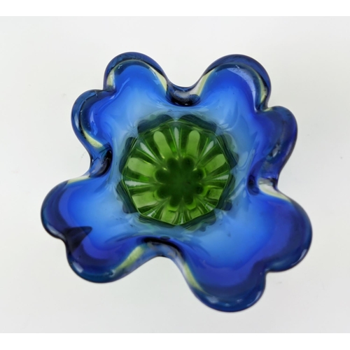 5 - A MURANO GLASS VASE, late 20th century, in blue and green tone, waisted form with a lobed body, 31cm... 