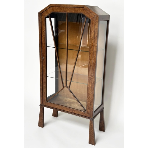 126 - ART DECO DISPLAY CABINET, burr walnut with single sunburst glazed door enclosing shelves, 122cm H x ... 