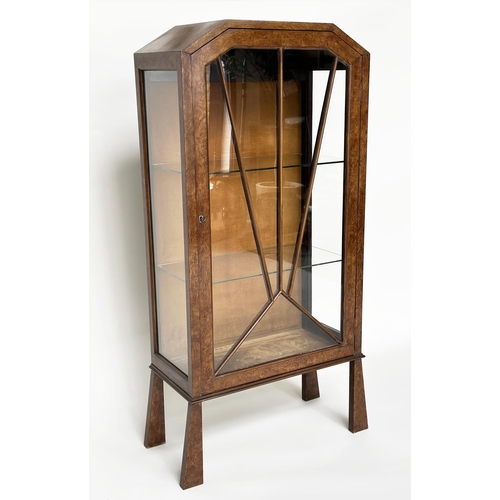 126 - ART DECO DISPLAY CABINET, burr walnut with single sunburst glazed door enclosing shelves, 122cm H x ... 