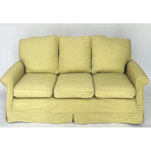 115 - SOFA, traditional 'Howard' Country House style three seater, lemon yellow woven cotton upholstered w... 