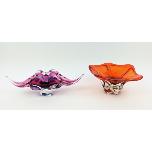 2 - A BOHEMIAN GLASS PINK AND INDIGO CENTREPIECE BOWL, in the form of a stylised leaf, flared edges, 10c... 