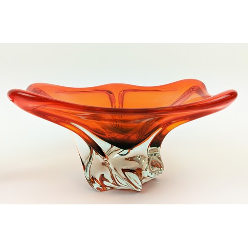 2 - A BOHEMIAN GLASS PINK AND INDIGO CENTREPIECE BOWL, in the form of a stylised leaf, flared edges, 10c... 