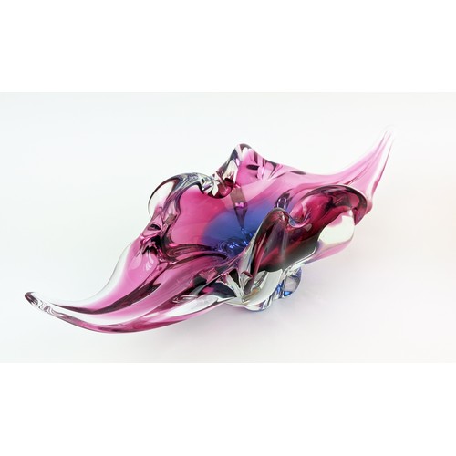 2 - A BOHEMIAN GLASS PINK AND INDIGO CENTREPIECE BOWL, in the form of a stylised leaf, flared edges, 10c... 