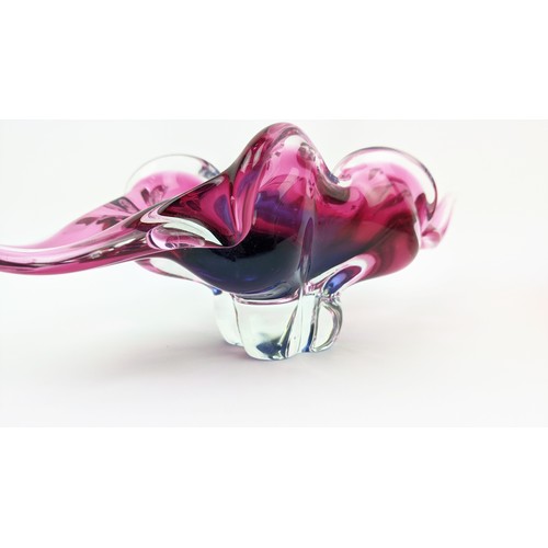 2 - A BOHEMIAN GLASS PINK AND INDIGO CENTREPIECE BOWL, in the form of a stylised leaf, flared edges, 10c... 