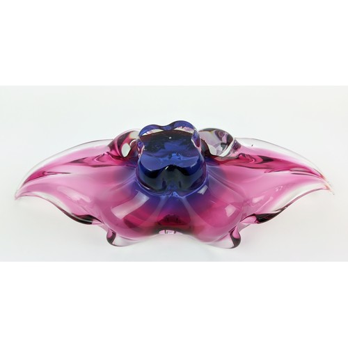 2 - A BOHEMIAN GLASS PINK AND INDIGO CENTREPIECE BOWL, in the form of a stylised leaf, flared edges, 10c... 