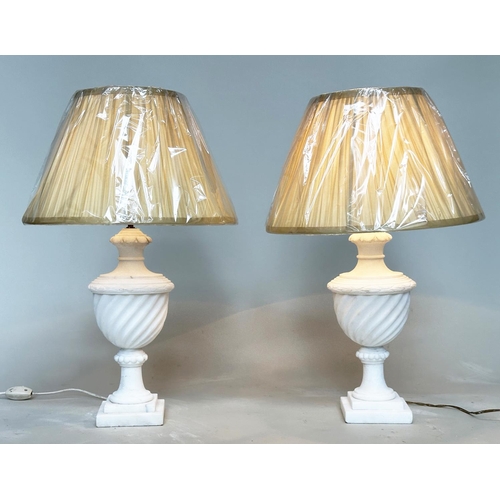 435 - TABLE LAMPS, a pair, Italian alabaster of spiral urn form with stepped square bases and shades, 66cm... 