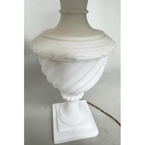 435 - TABLE LAMPS, a pair, Italian alabaster of spiral urn form with stepped square bases and shades, 66cm... 