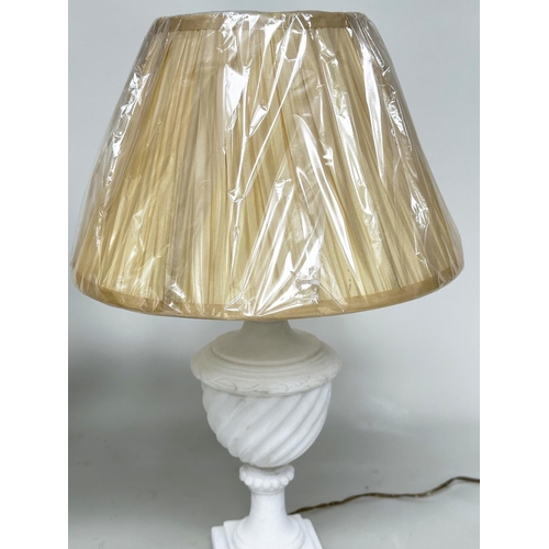 435 - TABLE LAMPS, a pair, Italian alabaster of spiral urn form with stepped square bases and shades, 66cm... 