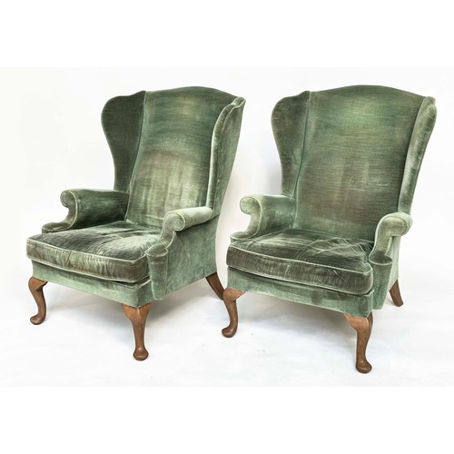 117 - WING ARMCHAIRS, a pair, silvery Forest Green velvet upholstered with scroll arms and cushion seats, ... 