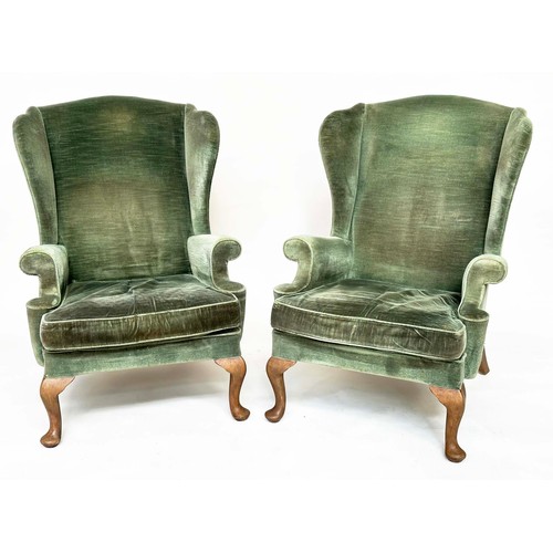 117 - WING ARMCHAIRS, a pair, silvery Forest Green velvet upholstered with scroll arms and cushion seats, ... 