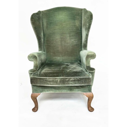 117 - WING ARMCHAIRS, a pair, silvery Forest Green velvet upholstered with scroll arms and cushion seats, ... 