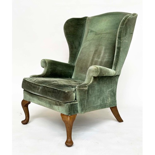 117 - WING ARMCHAIRS, a pair, silvery Forest Green velvet upholstered with scroll arms and cushion seats, ... 