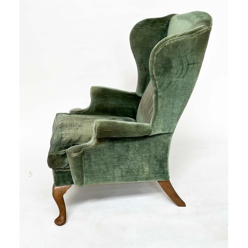 117 - WING ARMCHAIRS, a pair, silvery Forest Green velvet upholstered with scroll arms and cushion seats, ... 