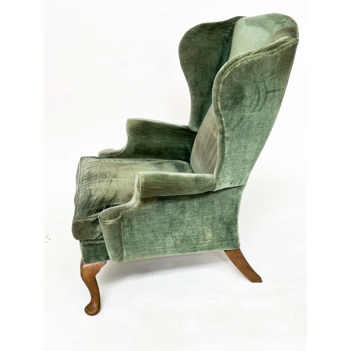 117 - WING ARMCHAIRS, a pair, silvery Forest Green velvet upholstered with scroll arms and cushion seats, ... 