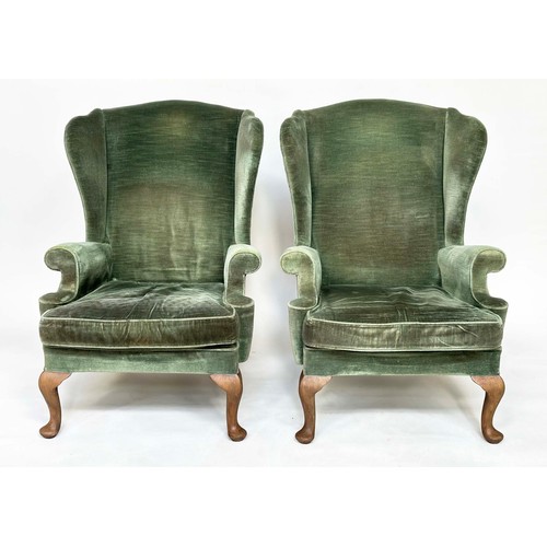 117 - WING ARMCHAIRS, a pair, silvery Forest Green velvet upholstered with scroll arms and cushion seats, ... 