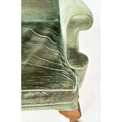 117 - WING ARMCHAIRS, a pair, silvery Forest Green velvet upholstered with scroll arms and cushion seats, ... 