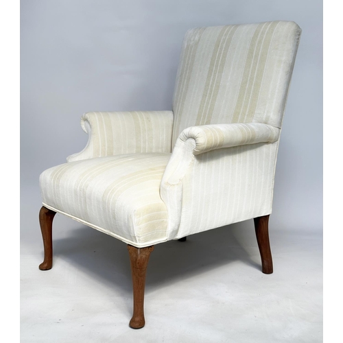 113 - SCROLL ARMCHAIR, Edwardian style recently reupholstered, in neutral woven strip cotton with shaped s... 