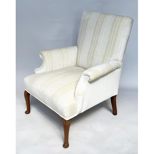 113 - SCROLL ARMCHAIR, Edwardian style recently reupholstered, in neutral woven strip cotton with shaped s... 