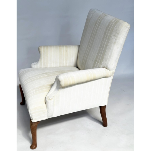 113 - SCROLL ARMCHAIR, Edwardian style recently reupholstered, in neutral woven strip cotton with shaped s... 