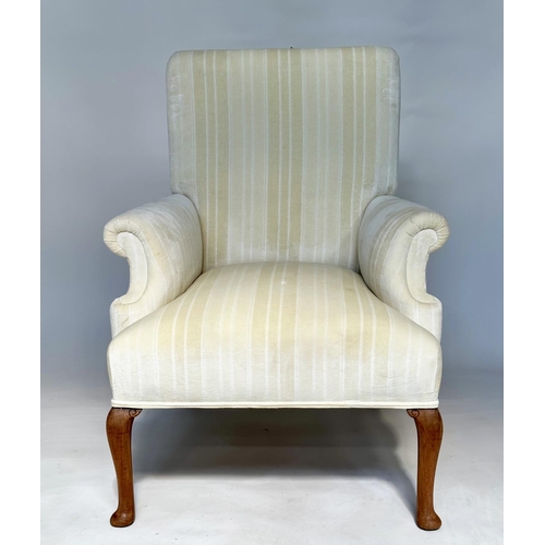 113 - SCROLL ARMCHAIR, Edwardian style recently reupholstered, in neutral woven strip cotton with shaped s... 