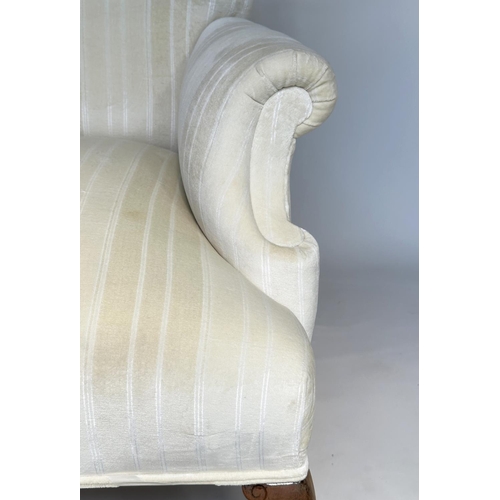 113 - SCROLL ARMCHAIR, Edwardian style recently reupholstered, in neutral woven strip cotton with shaped s... 