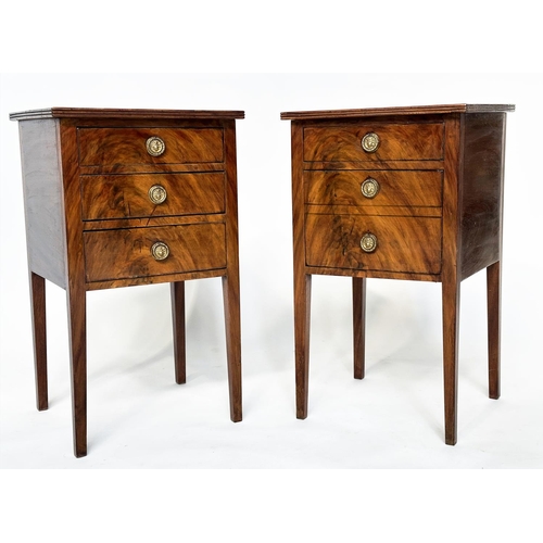 114 - BEDSIDE CHESTS, a pair, Georgian style figured mahogany each with three drawers, 40cm W x 38cm D x 6... 