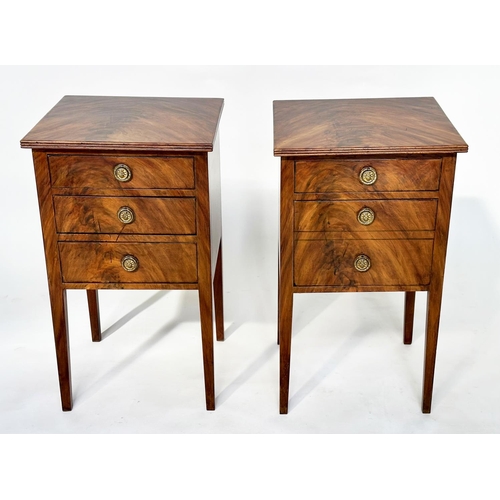 114 - BEDSIDE CHESTS, a pair, Georgian style figured mahogany each with three drawers, 40cm W x 38cm D x 6... 